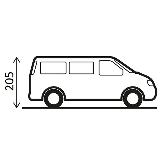 Heckzelt Comet - VW T5 und T6 - Schematische Darstellung eines Lieferwagens mit Höhenangabe 205. Ideal für Produktvergleiche und technische Illustrationen.