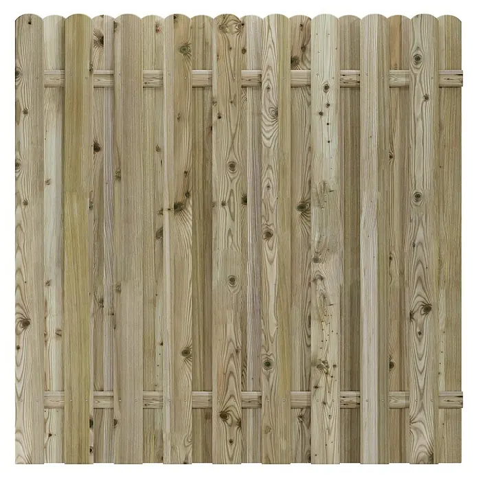 T & J Sichtschutzelement Lieke - B x H: 180 x 180 cm, Gerade, Braun - Ein Holzzaunfeld mit abgerundeten Oberseiten und horizontalen Verstrebungen. Ideal für den Garten, bietet Sichtschutz und rustikale Optik.