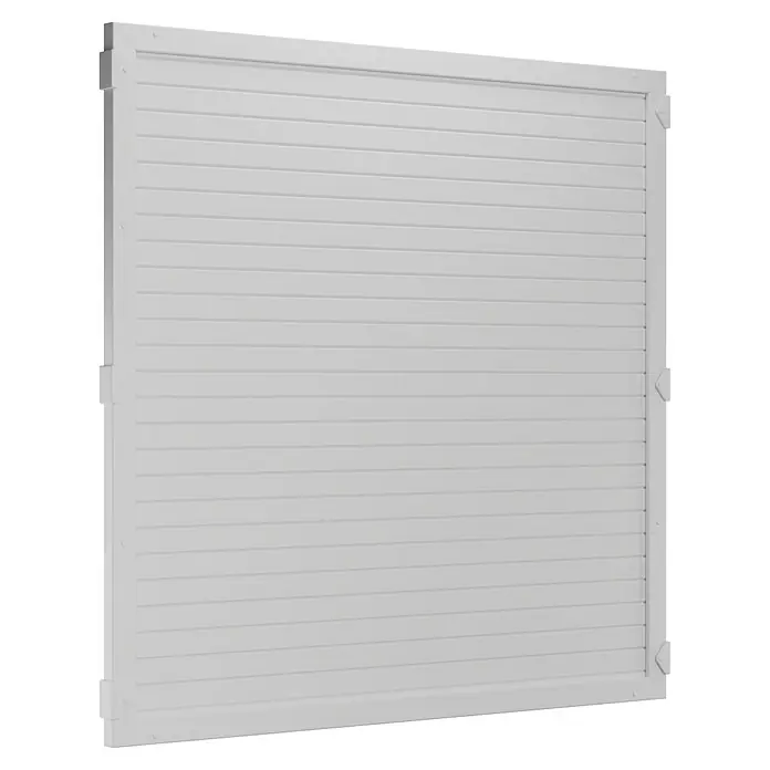 T & J Lightline Sichtschutzelement - 180 x 180 cm, Weiß - Ein weißer, horizontal gerippter Sichtschutzzaun mit robustem Rahmen bietet Privatsphäre und Schutz im Außenbereich.