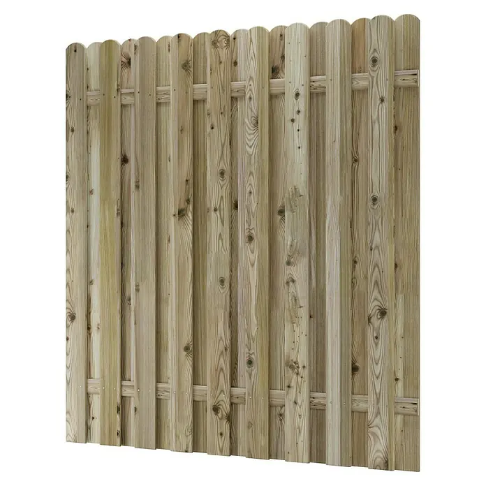 T & J Sichtschutzelement Lieke - B x H: 180 x 180 cm, Gerade, Braun - Nahaufnahme eines robusten Holzzauns mit abgerundeten Palisaden und rustikaler Holzstruktur für Privatsphäre und Sicherheit.