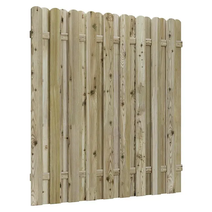 T & J Sichtschutzelement Lieke - B x H: 180 x 180 cm, Gerade, Braun - Ansicht eines Palisadenzauns aus Holz mit abgerundeten Enden, befestigt mit Querriegeln, ideal als Grundstückseingrenzung und Gartenelement.
