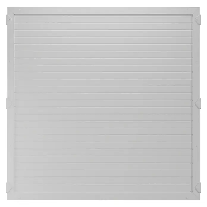 T & J Lightline Sichtschutzelement - 180 x 180 cm, Weiß - Nahaufnahme einer weißen Rolltorverkleidung mit horizontalen Lamellen und einem robusten Rahmen.