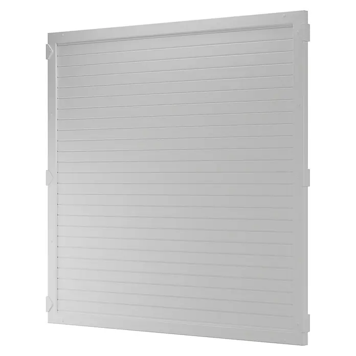 T & J Lightline Sichtschutzelement - 180 x 180 cm, Weiß - Nahaufnahme einer weißen, gerollten Garagentorstruktur mit horizontalen Lamellen und einem stabilen Rahmen. Ideal für Sicherheit und modernes Design.