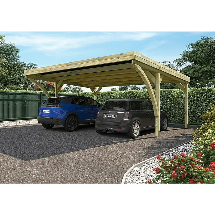Cerland Carport Victor - Medidas ext. (An x Pr): 604 x 511 cm, Carport doble, Madera - Una cochera de madera protege dos coches, un Peugeot azul y un Mini Cooper gris, en una entrada pavimentada.