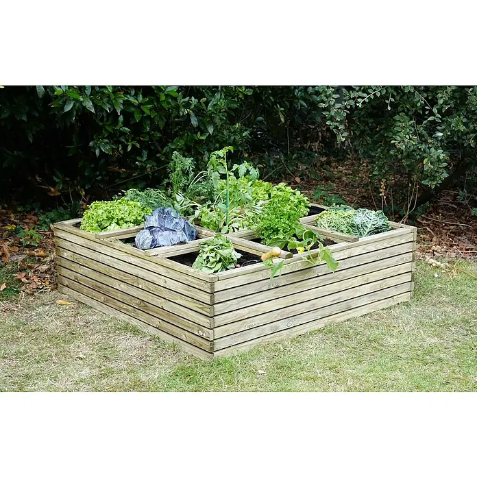 Cerland Huerto urbano Basil - 120 x 120 x 36 cm, Madera, Natural - Huerto elevado de madera con diversas verduras como lechuga, repollo y tomates en un jardín verde.