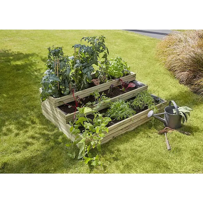 Cerland Huerto urbano Angelic - 115 x 84 x 34 cm, Madera, Natural - El huerto elevado de madera de tres niveles ofrece espacio para hierbas, verduras y flores. Es ideal para el jardín, terraza y balcón.