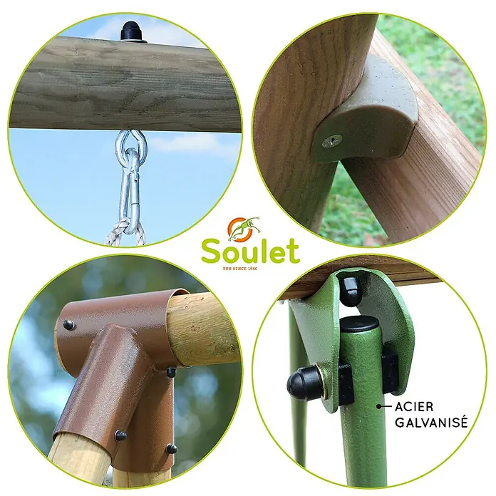 Soulet Schaukel Málaga - B x L: 283 x 282 cm, Holz - Detailansichten einer Soulet-Spielstruktur, die die Holzverbindungen und Befestigungselemente hervorheben.