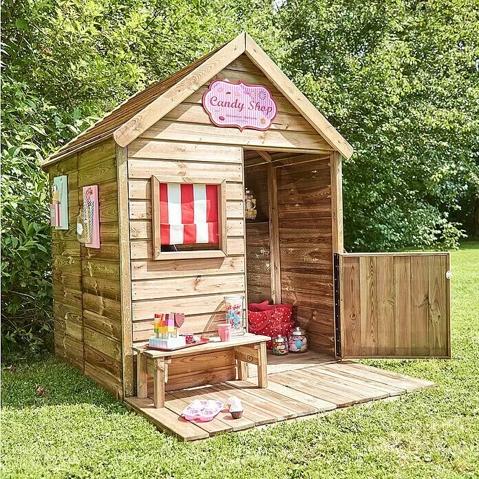 Soulet Spielhaus Heidi - L x B x H: 169 x 123 x 158 cm, Holz, Natur - Spielhaus aus Holz im Süßigkeitenladen-Design, ideal für fantasievolles Spielen im Freien.