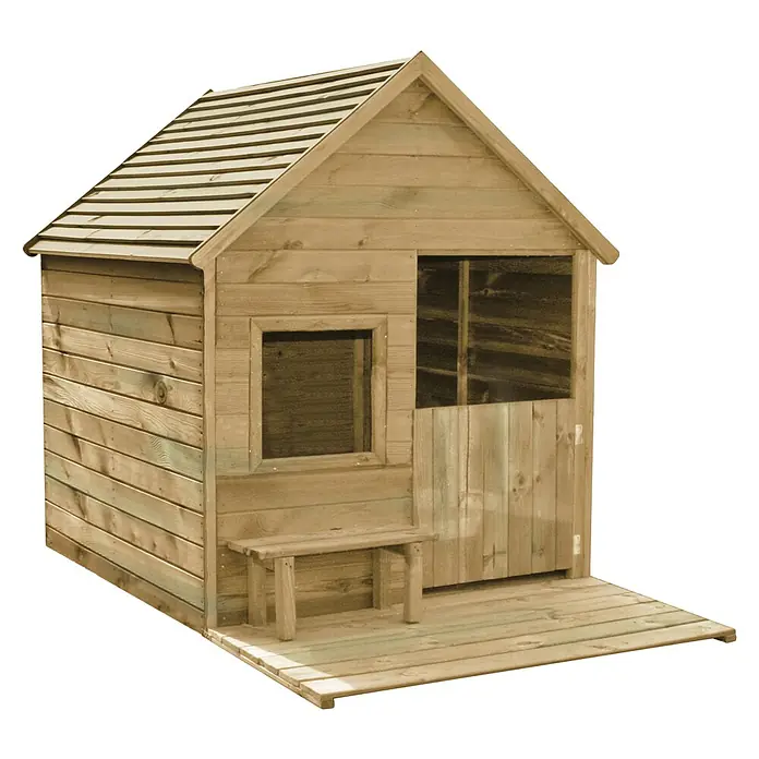 Soulet Caseta infantil Heidi - L x An x Al: 169 x 123 x 158 cm, Madera, Natural - Imagen de una encantadora casita de madera con un pequeño porche y un banco delante, ideal para jugar al aire libre.