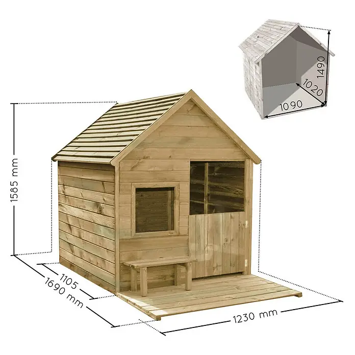 Soulet Spielhaus Heidi - L x B x H: 169 x 123 x 158 cm, Holz, Natur - Abbildung eines Holzspielhauses mit den Maßen 1585 mm Höhe, 1690 mm Breite und 1230 mm Tiefe. Ein kleiner Anbau dient als Veranda.