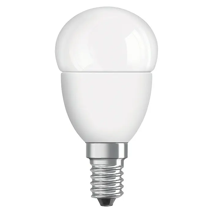 Osram Bombilla LED Superstar Classic P - E14, Intensidad regulable, Blanco cálido, 470 lm, 4,5 W - Primer plano de una bombilla LED con una base de rosca pequeña, ideal para iluminación de acento.