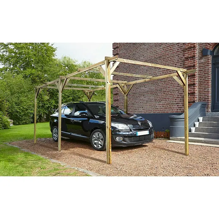 Cerland Carport Henri - 512 x 300 cm, Altura de cumbrera: 226 m, Carport adecuado para: Automóviles - Un coche negro está aparcado bajo una cochera de madera, que ofrece sombra y protección. La construcción es simple pero robusta.