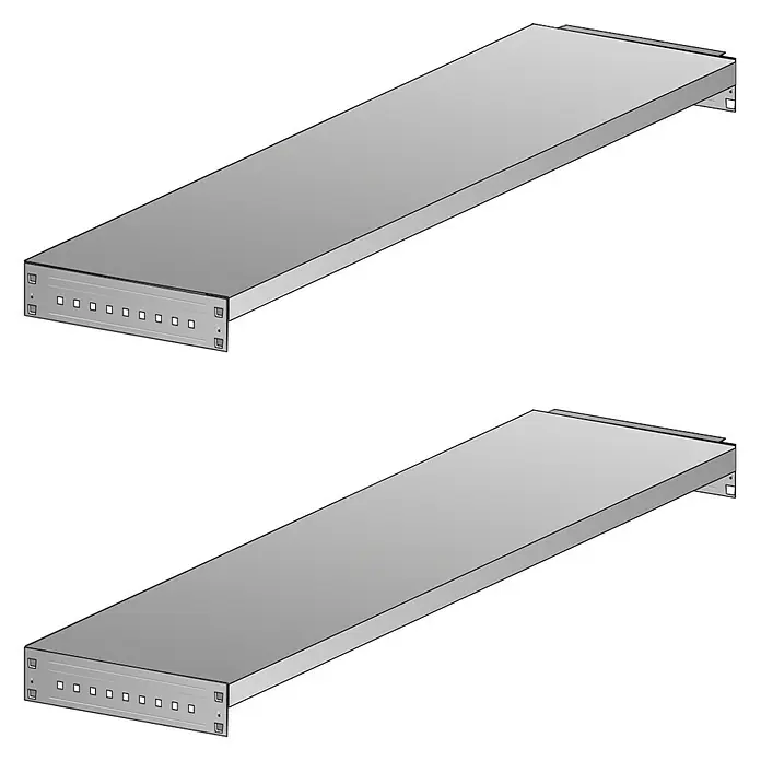 Scholz System Fachboden-Set - 120 x 30 cm, Traglast: 90 kg - Metallregale: Zwei schwebende Metallregale mit Löchern und stabilen Halterungen, ideal für die Wandmontage und moderne Aufbewahrung.