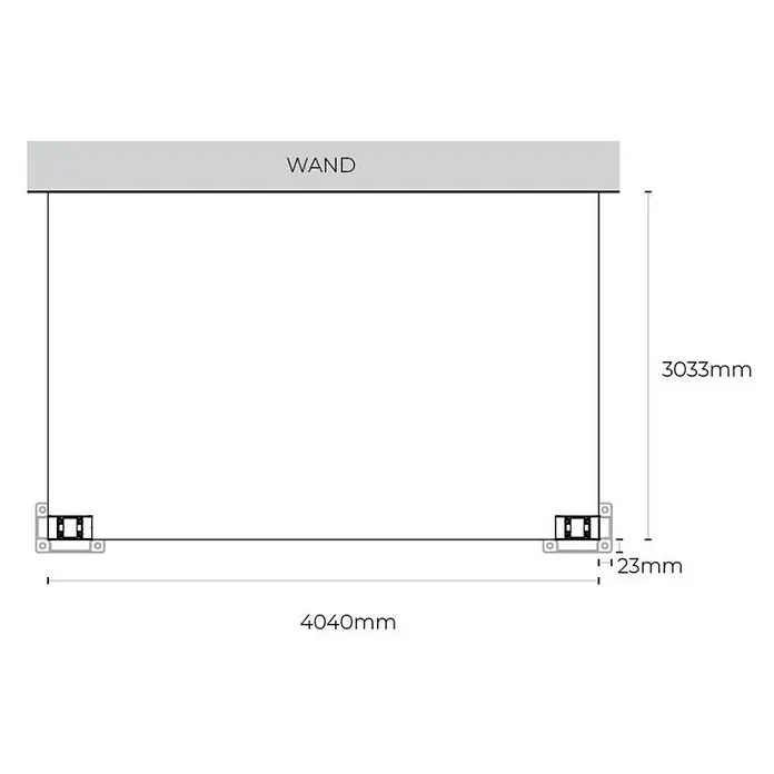 Wismar-NFI Wintergarten - 404 x 303,3 cm, Pultdach, Polycarbonat, Reinweiß, Milchig Weiß - Ansicht eines Wandmontagesets mit den Maßen 4040 mm Länge und 3033 mm Höhe, das die Installation eines Produkts an einer Wand ermöglicht.
