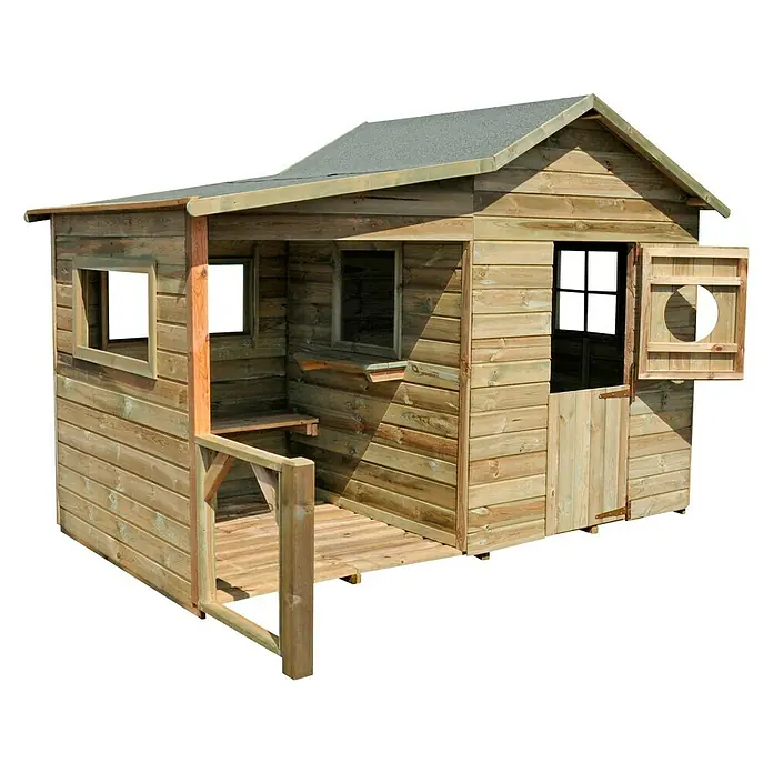 Soulet Caseta infantil Hacienda - L x An x Al: 243 x 125 x 175 cm, Madera, Natural - Una casita de juegos de madera clara con porche, ventanas y una puerta con mirilla circular. El techo es gris.