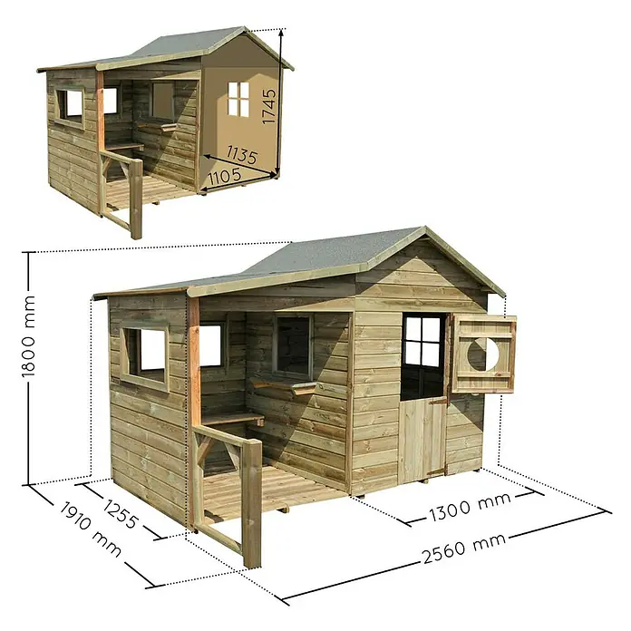 Soulet Spielhaus Hacienda - L x B x H: 243 x 125 x 175 cm, Holz, Natur - Bild einer Spielhausstruktur aus Holz mit detaillierten Maßangaben, die die Abmessungen und das Design des Produkts hervorheben.