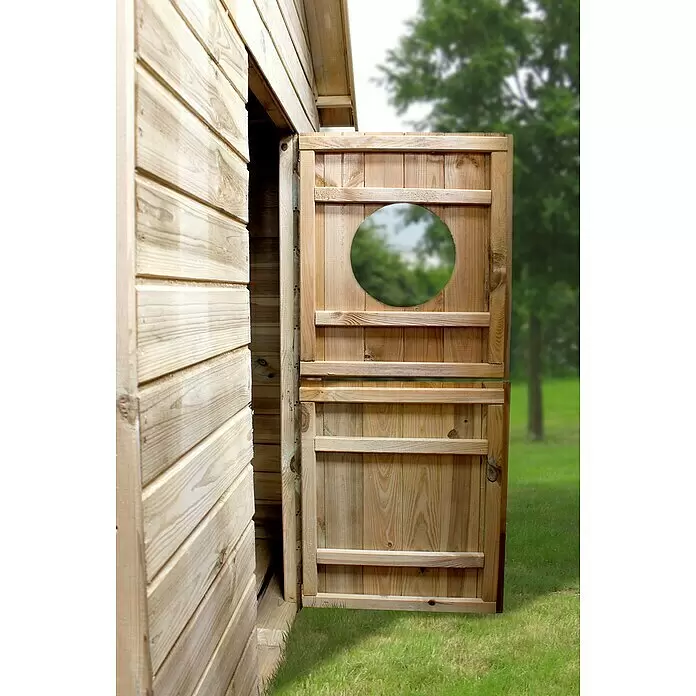 Soulet Spielhaus Hacienda - L x B x H: 243 x 125 x 175 cm, Holz, Natur - Helles Holzspielhaus mit offener Stalltür und rundem Fenster.