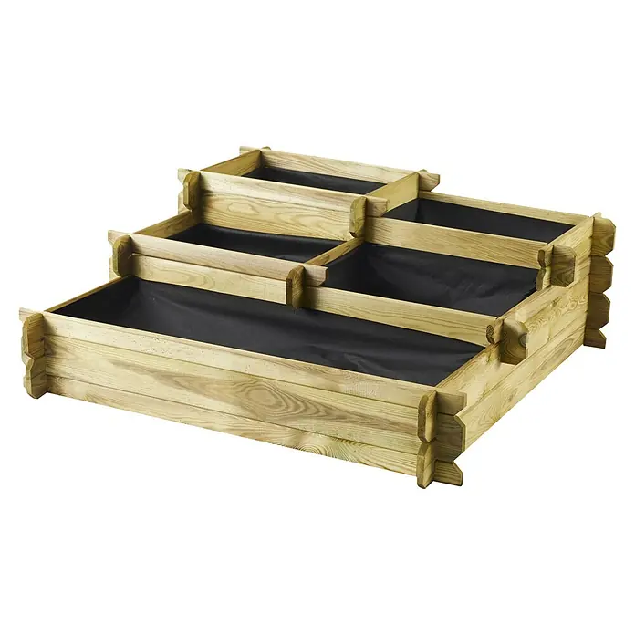 Cerland Huerto urbano Angelic - 100 x 100 x 40 cm, Madera, Natural - Jardinera escalonada de madera con revestimiento negro para jardín o patio. Ideal para hierbas, flores y verduras en múltiples niveles.