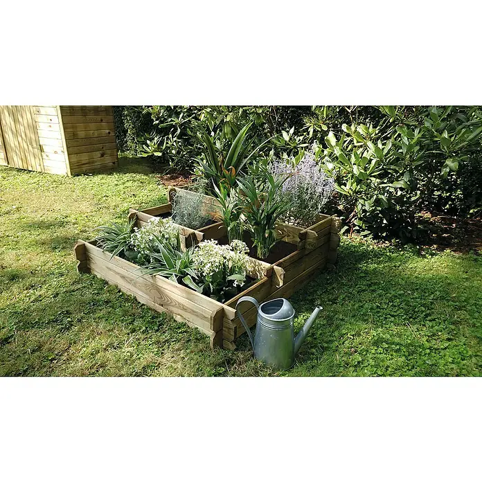 Cerland Huerto urbano Angelic - 100 x 100 x 40 cm, Madera, Natural - Jardinera elevada de madera con diversas plantas y una regadera sobre el césped. Perfecta para la jardinería y el cultivo de hierbas.