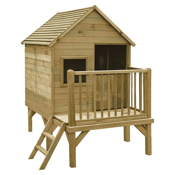 Soulet Caseta infantil Winny - L x An x Al: 155 x 175 x 210 cm, Madera, Natural - Una casita de juegos de madera con una pequeña terraza y escalera, perfecta para que los niños jueguen y tengan aventuras en el jardín.