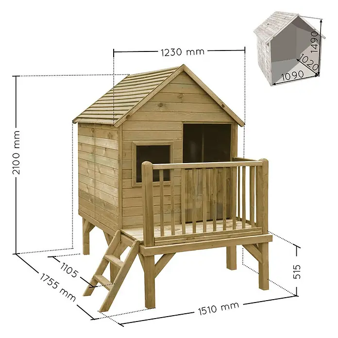 Soulet Caseta infantil Winny - L x An x Al: 155 x 175 x 210 cm, Madera, Natural - Imagen de una casita de juegos de madera con dimensiones, incluidas las medidas del techo para una visión completa.