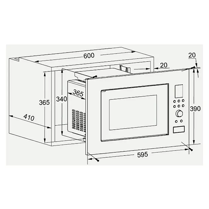 Wolkenstein Einbau-Mikrowelle WMW900-25 GB - Max. Leistung: 900 W, 25 l, Schwarz - Abbildung eines Einbau-Mikrowellenherds mit Maßangaben für Einbau, Breite 595 mm, Höhe 390 mm, Tiefe 365 mm.