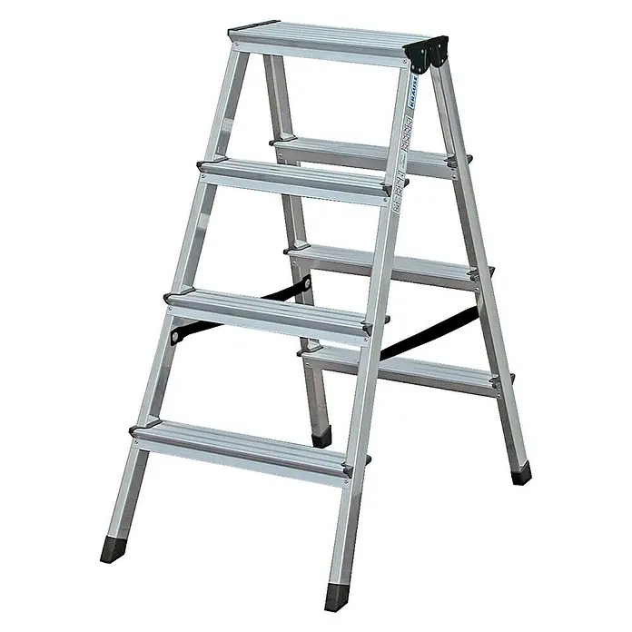 Krause Monto Doppel-Stehleiter Dopplo - Arbeitshöhe: 2,4 m, Anzahl Tritte: 8 Stk., Belastbarkeit: 150 kg, Aluminium - Bild einer silbernen Krause-Stufenleiter mit vier Stufen, ideal für den Heimgebrauch und kleinere Arbeiten.