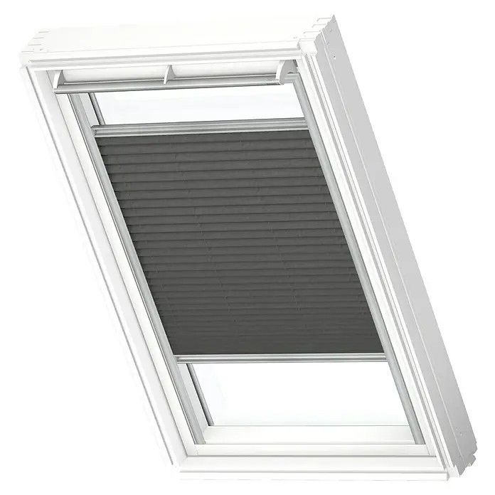 Velux Dachfensterplissee FHL P08 1274S - Farbe: Graphit - 1274S, Farbe Schiene: Aluminium, Manuell - Dachfenster mit Verdunkelungsrollo. Das Rollo ist grau und bedeckt einen Teil des Fensters und sorgt für Privatsphäre und Dunkelheit.