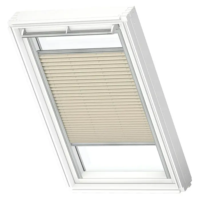 Velux Dachfensterplissee FHL U08 1283S - Farbe: Champagner - 1283S, Farbe Schiene: Aluminium, Manuell - Dachfenster mit beigefarbenem Faltrollo, das für angenehmes Licht sorgt und die Privatsphäre schützt. Ideal für Wohnräume unter dem Dach.