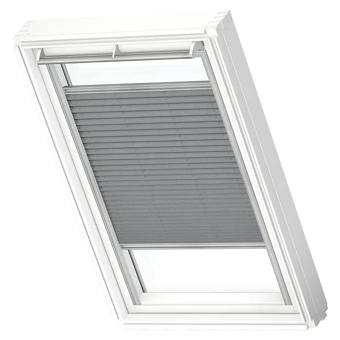 Velux Dachfensterplissee FHL U04 1282S - Farbe: Grau - 1282S, Farbe Schiene: Aluminium, Manuell - Dachfenster mit Verdunkelungsrollo. Das Rollo ist grau und bedeckt den größten Teil des Fensters, um das Zimmer abzudunkeln.