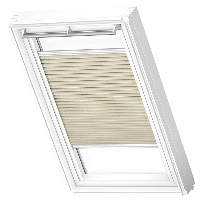 Velux Dachfensterplissee FHL M06 1283SWLFarbe: Champagner - 1283SWL, Farbe Schiene: Weiß, Manuell - Dachfenster mit beigen Plissees für effektiven Sonnenschutz und Privatsphäre in einem modernen, weißen Rahmen.