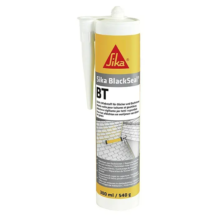 Sika Bitumendichtstoff Blackseal - 300 ml - Produktbild von Sika BlackSeal BT, einem Dicht- und Klebstoff für Dächer und Dachrinnen, präsentiert in einer gelben Kartusche.