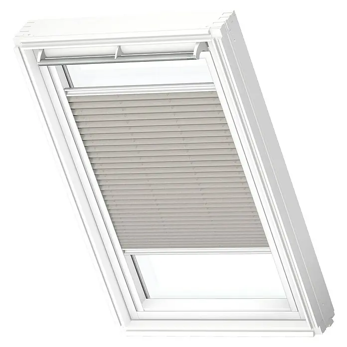 Velux Dachfensterplissee FHL PK08 1284SWL - Farbe: Silbergrau - 1284SWL, Farbe Schiene: Weiß, Manuell - Das Bild zeigt ein Dachfenster mit einem integrierten, horizontalen Plissee-Rollo, das für optimalen Sonnenschutz und Privatsphäre sorgt.