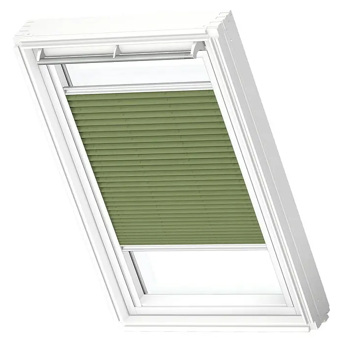 Velux Dachfensterplissee FHL M06 1280SWLFarbe: Moosgrün - 1280SWL, Farbe Schiene: Weiß, Manuell - Dachfenster mit grünem Plissee. Das Rollo spendet angenehmen Schatten und sorgt für ein angenehmes Raumklima unter dem Dach.