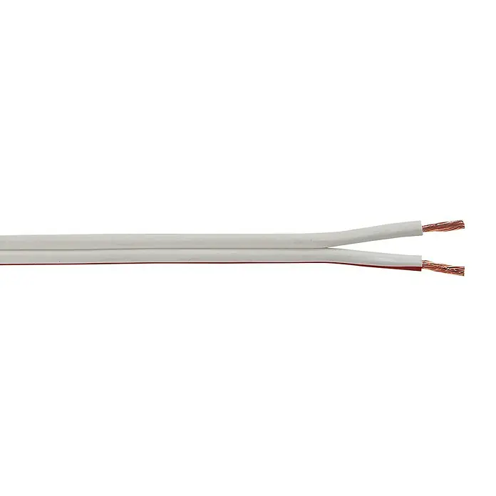 Lautsprecherleitung Meterware - Anzahl Adern: 2, 1,5 mm², Weiß - Ein Nahaufnahme von weißem Lautsprecherkabel, bei dem die Kupferdrähte freigelegt sind, um die Verbindung zu Lautsprechern zu erleichtern.