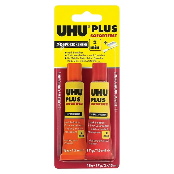 UHU 2-Komponenten-Kleber 2K-Epoxidharzkleber plus sofortfest - 35 g, Lösemittelfrei - UHU PLUS Sofortfest 2-K-Epoxidkleber: Zwei Komponenten für schnelle, starke und transparente Verklebungen von verschiedenen Materialien.