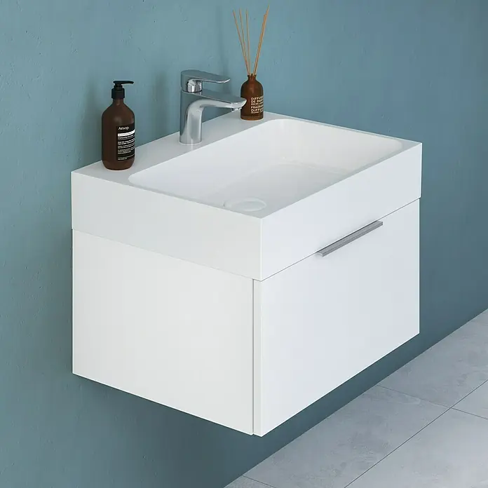 Camargue Cube Waschtischunterschrank - 60 x 48 x 30 cm, Weiß - Elegantes, wandmontiertes Waschbecken mit Unterschrank in Weiß. Modernes Design mit Armatur, Seifenspender und Duftstäbchen.