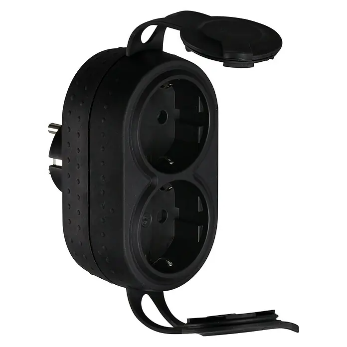 Legrand Ladrón de enchufe - Negro, 250 V, 16 A - Enchufe doble negro para uso exterior con solapas protectoras, ideal para jardinería y aparatos eléctricos exteriores.