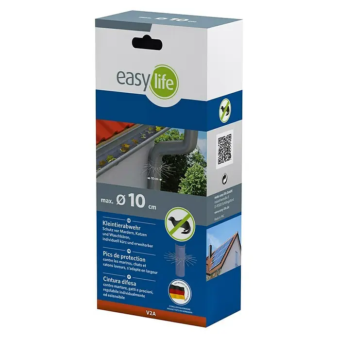 Easy Life Marderschutz - Stahl - Produktverpackung einer Kleintierabwehr von Easy Life mit Durchmesser max. 10 cm, zum Schutz vor Mardern, Katzen und Waschbären.