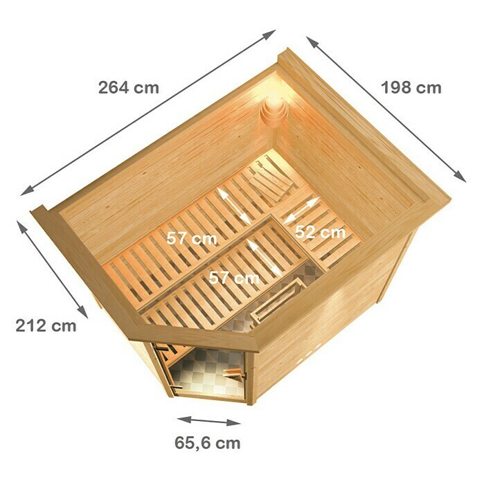 Karibu Massivholzsauna Tanami (Mit Saunaofen 9 kW inkl. Steuerung Easy, Mit Dachkranz und Beleuchtung, 184 x 236 x 209 cm)