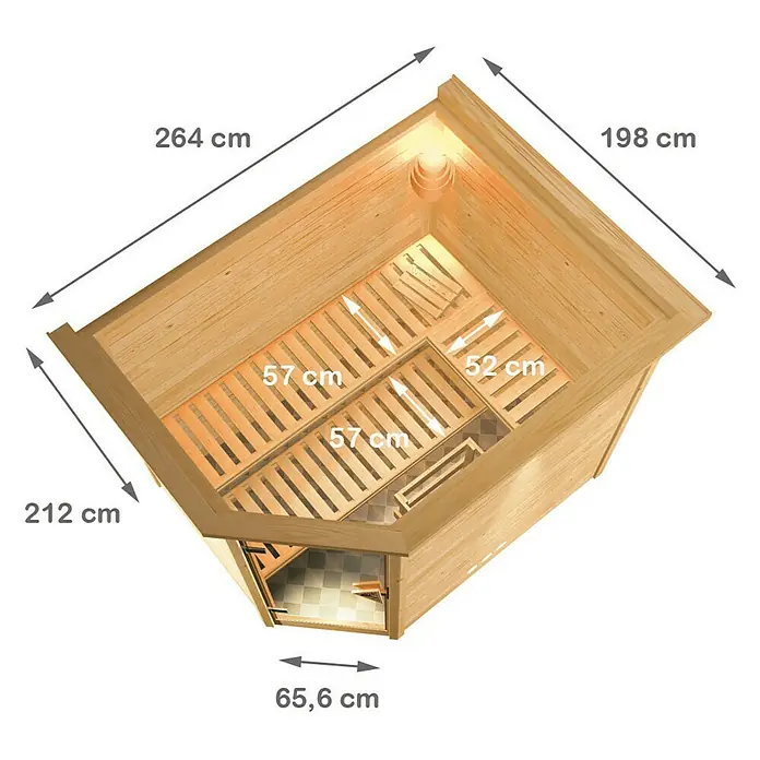Karibu Massivholzsauna Tanami - Mit 9 kW Bio-Ofen mit externer Steuerung, Mit Dachkranz und Beleuchtung, L x B x H: 259 x 210 x 192 cm - Innenansicht einer Holzsauna mit Maßen. Die Sauna verfügt über Sitzbänke und eine Glasfront.