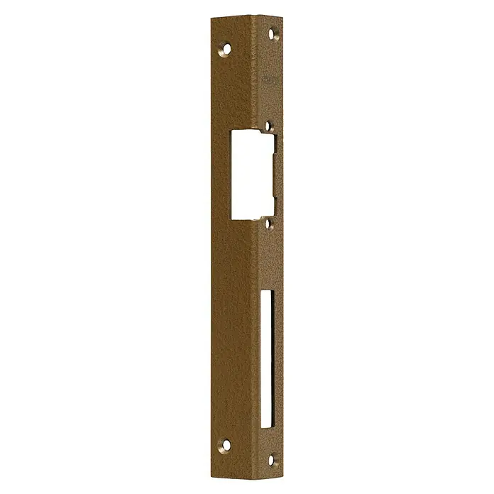 Abus Winkelschließblech WST R HG - DIN Anschlag: DIN-R, L x B x H: 250 x 40 x 20 mm - Nahaufnahme einer Türkantenplatte in Gold mit Aussparungen für Schloss und Riegel, die Details und die Beschaffenheit des Metalls hervorhebt.