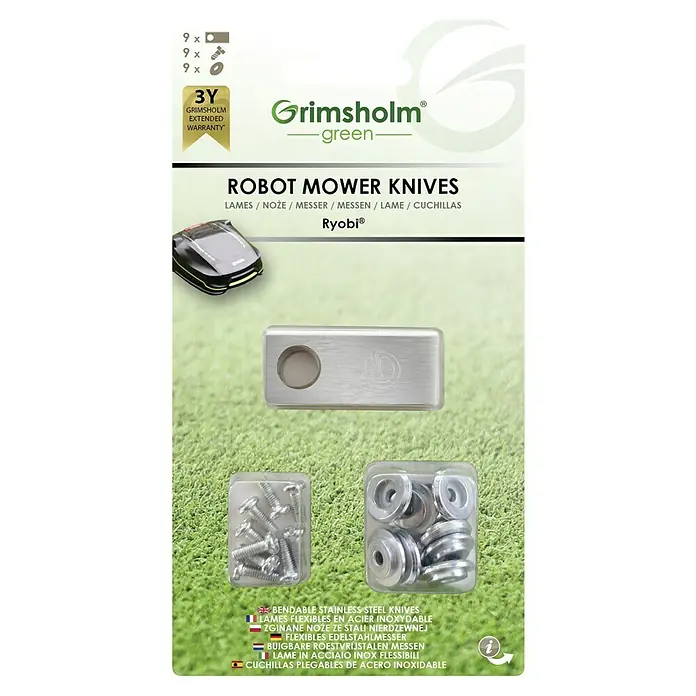Grimsholm Green Ersatzmesser-Set für Mähroboter - Ryobi Roboyagi, 9 Stk. - Grimsholm Robotermähermesser-Set mit flexiblen Edelstahlklingen, Schrauben und Unterlegscheiben für Ryobi-Mäher.