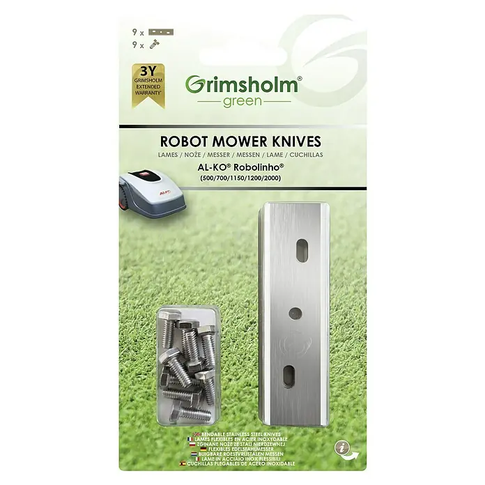 Grimsholm Green Ersatzmesser-Set für Mähroboter - AL-KO Robolinho (Elekt Modell), 9 Stk. - Grimsholm Robotermäher Messer-Set. Hochwertige, biegsame Edelstahlmesser für AL-KO Robolinho Modelle. Inklusive Schrauben und langer Garantie.