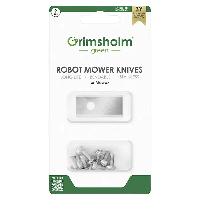 Grimsholm Green Ersatzmesser für RasenmäherMowox, 9 Stk. - Bild einer Grimsholm Green Packung mit 9 Stück Robotermähermessern mit Schrauben, langlebig und aus Edelstahl für Mowox, mit 3 Jahren Garantie.