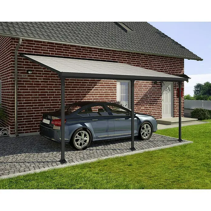 Solid Elements Terrassenüberdachung Martina - B x T: 425 x 400 cm, Anthrazitgrau, Polycarbonat, Transparent - Ein Carport mit einem Auto darunter, das einen überdachten Parkplatz bietet, der vor Witterungseinflüssen schützt und gleichzeitig stilvoll aussieht.