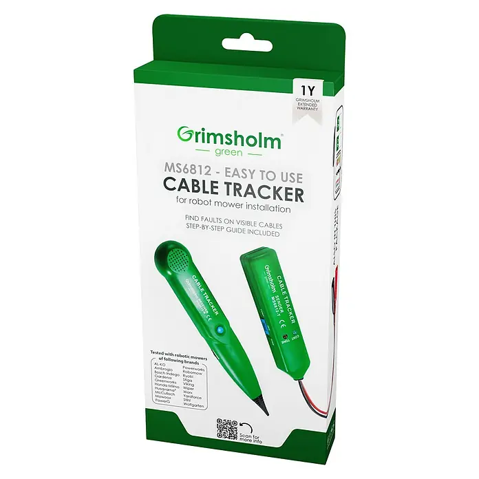 Grimsholm Green Kabel-Tracker für Mähroboter MS6812 - Alle Mähroboter - Produktverpackung für Grimsholm MS6812 Kabeltracker zum Auffinden von Kabelfehlern bei Rasenroboterinstallationen mit Schritt-für-Schritt-Anleitung.