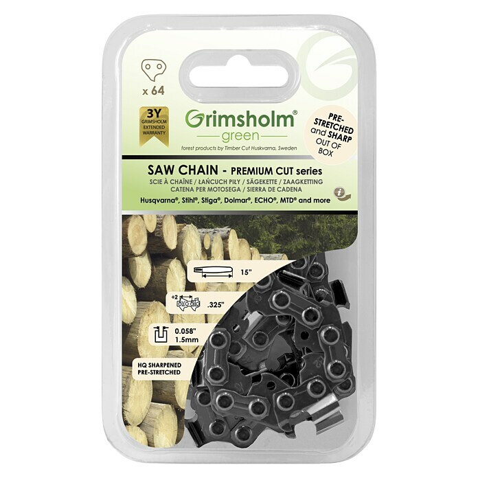 Grimsholm Green Sägekette Premium cut64 Stk., 15 ", 0,325″, 1,5 mm, Passend für: Kettensägen von Husqvarna, Stihl, Stiga, Dolmar, ECHO, MTD und mehr Front View