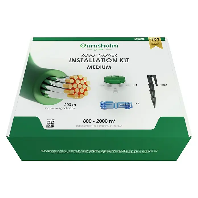 Grimsholm Green Installations-Set für Mähroboter M - Alle Mähroboter, 200 m Begrenzungskabel - Bild des Grimsholm Green Robotermäher Installationskits Medium, das Kabel, Stecker und Stifte enthält, geeignet für 800-2000 m² Rasenflächen.