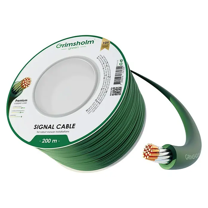 Grimsholm Green Begrenzungsdraht für Mähroboter Premium - Länge: 200 m, Alle Mähroboter - Nahaufnahme eines grünen Grimsholm Signalkabels für Robotermäher, 200 m lang und mit Premium-Kupferkern.